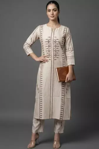 formal women printed regular chanderi silk kurta with trousers