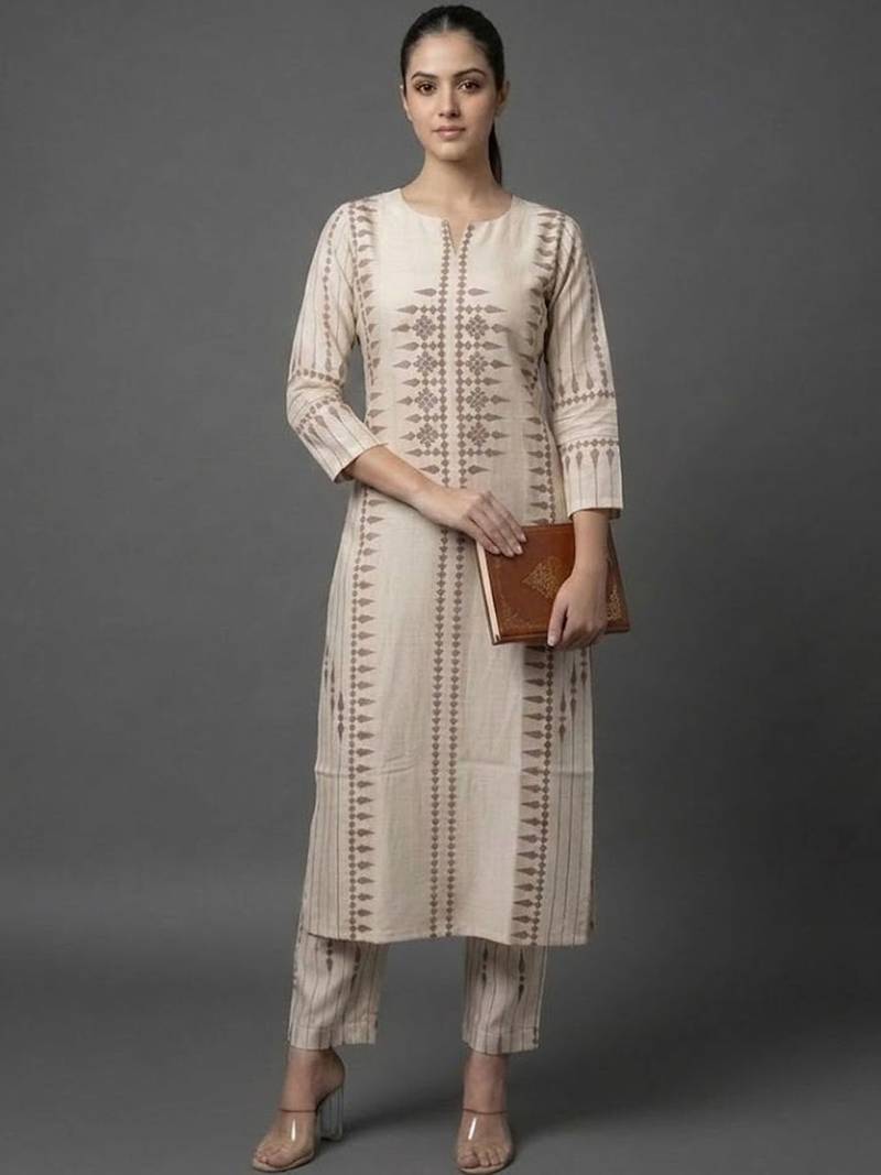 formal women printed regular chanderi silk kurta with trousers