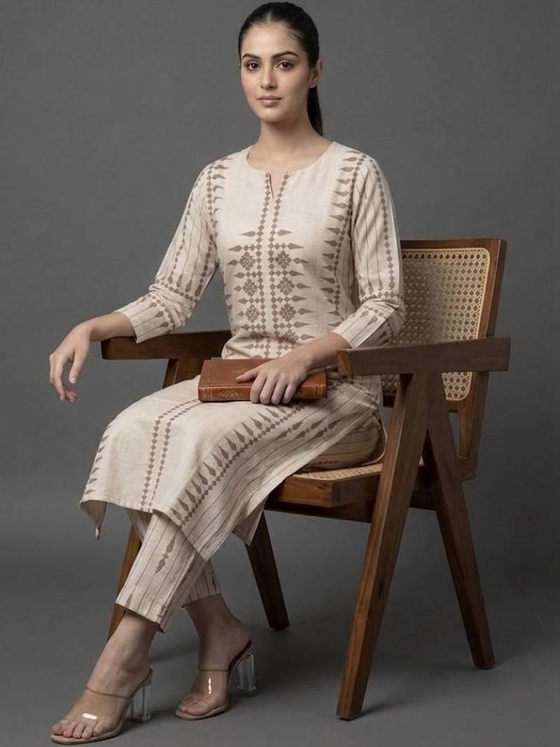 formal women printed regular chanderi silk kurta with trousers