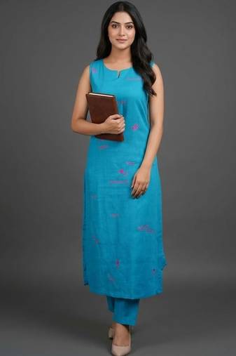 formal women ethnic motifs embroidered regular thread work kurta with trousers