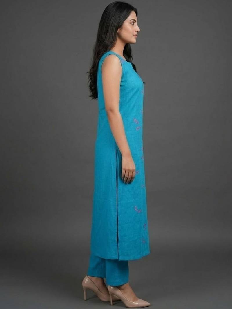 formal women ethnic motifs embroidered regular thread work kurta with trousers