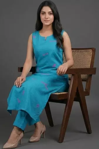 formal women ethnic motifs embroidered regular thread work kurta with trousers