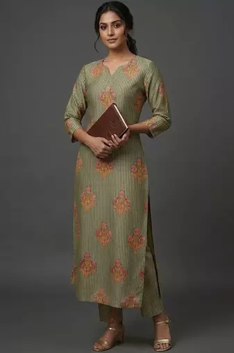 contemporary formal women ethnic motifs printed regular kurta with trousers