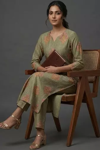 contemporary formal women ethnic motifs printed regular kurta with trousers