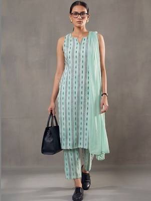 structured women printed regular cotton kurta with trousers & with dupatta 1