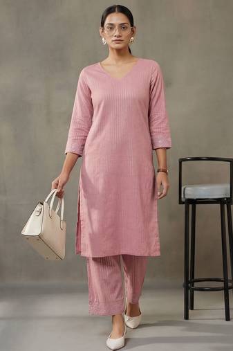 contemporary formal women striped regular thread work cotton kurta with trousers