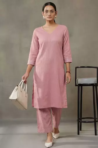 contemporary formal women striped regular thread work cotton kurta with trousers