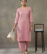contemporary formal women striped regular thread work cotton kurta with trousers
