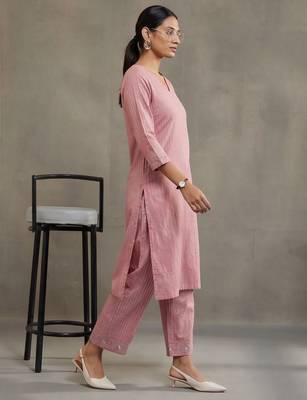 contemporary formal women striped regular thread work cotton kurta with trousers 3