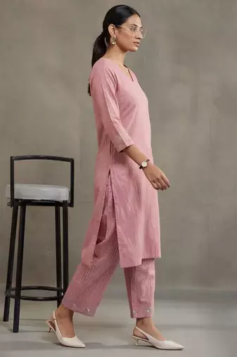 contemporary formal women striped regular thread work cotton kurta with trousers