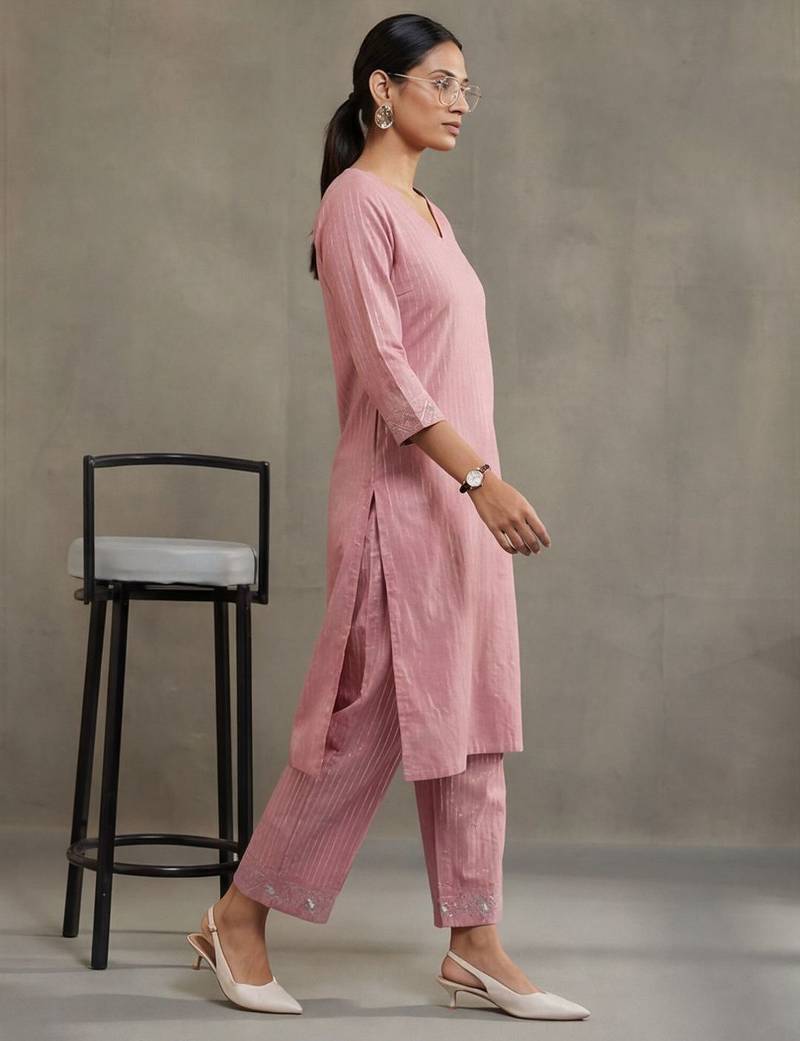 contemporary formal women striped regular thread work cotton kurta with trousers