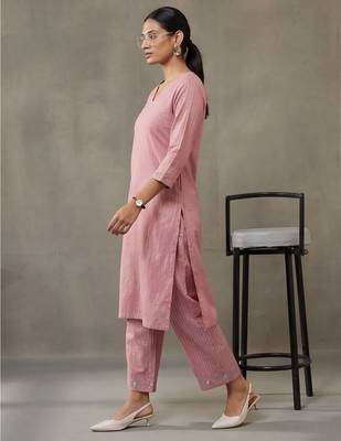 contemporary formal women striped regular thread work cotton kurta with trousers 4