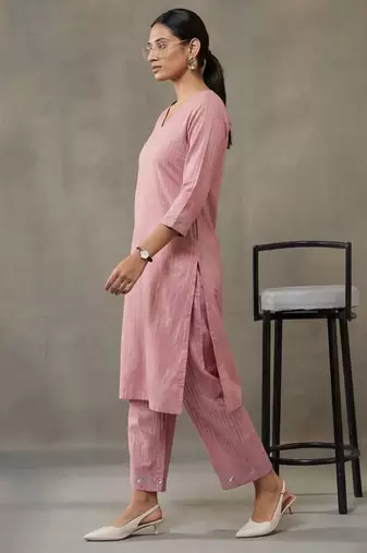 contemporary formal women striped regular thread work cotton kurta with trousers