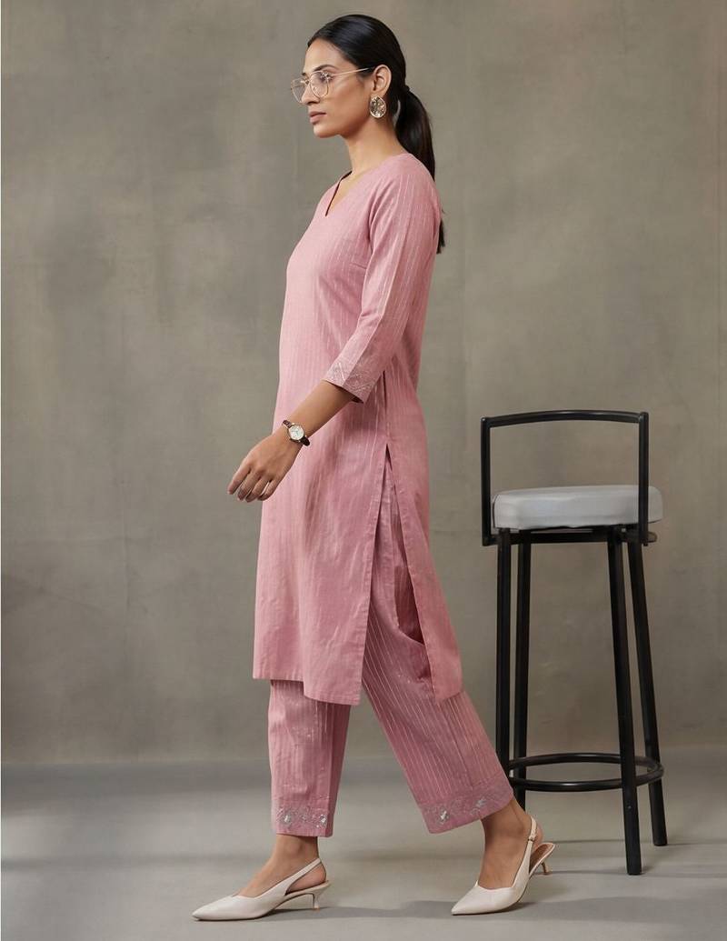 contemporary formal women striped regular thread work cotton kurta with trousers
