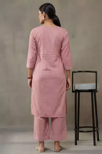 contemporary formal women striped regular thread work cotton kurta with trousers