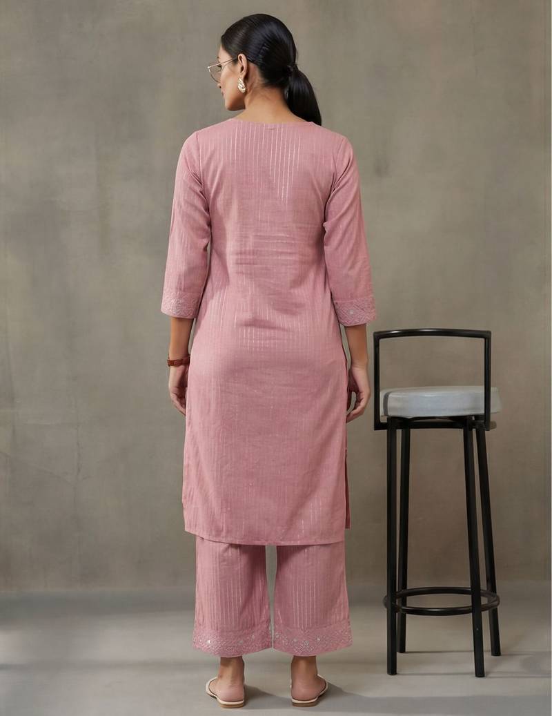 contemporary formal women striped regular thread work cotton kurta with trousers