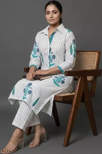 formal women printed regular kurta with trousers