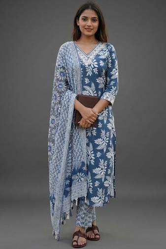 formal women floral printed regular cotton kurta with trousers & with dupatta