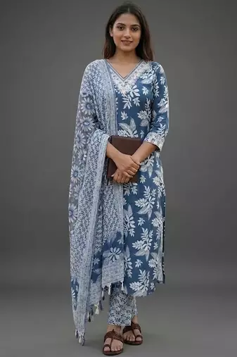 formal women floral printed regular cotton kurta with trousers & with dupatta