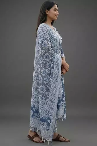 formal women floral printed regular cotton kurta with trousers & with dupatta