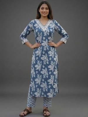formal women floral printed regular cotton kurta with trousers & with dupatta 4