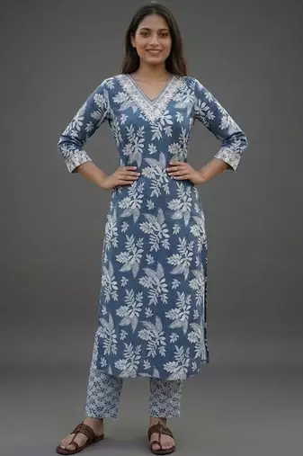 formal women floral printed regular cotton kurta with trousers & with dupatta