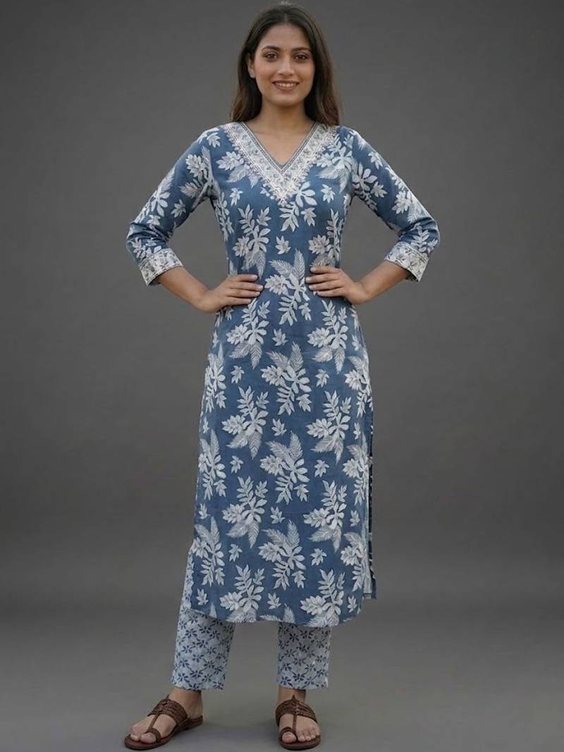 formal women floral printed regular cotton kurta with trousers & with dupatta