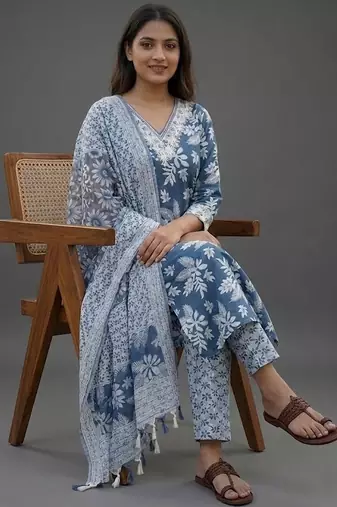 formal women floral printed regular cotton kurta with trousers & with dupatta