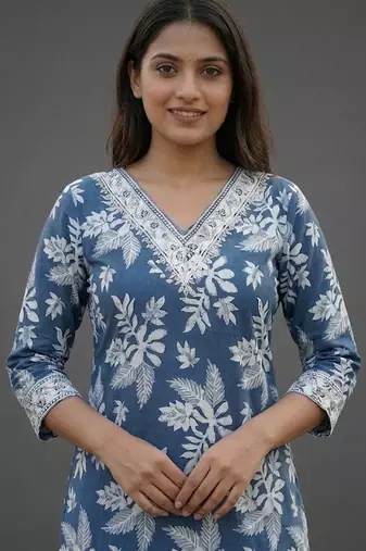 formal women floral printed regular cotton kurta with trousers & with dupatta