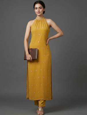 formal women ethnic motifs printed regular beads and stones silk georgette kurta with trousers 1