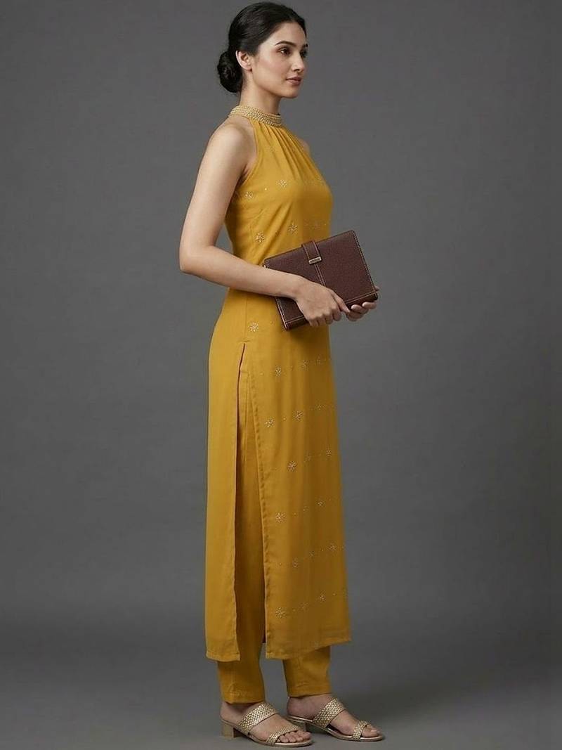formal women ethnic motifs printed regular beads and stones silk georgette kurta with trousers