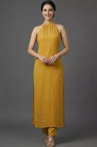 formal women ethnic motifs printed regular beads and stones silk georgette kurta with trousers