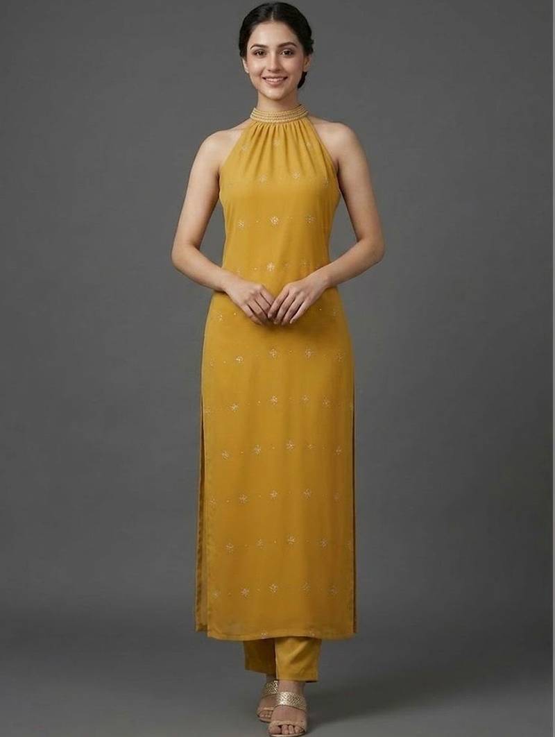 formal women ethnic motifs printed regular beads and stones silk georgette kurta with trousers