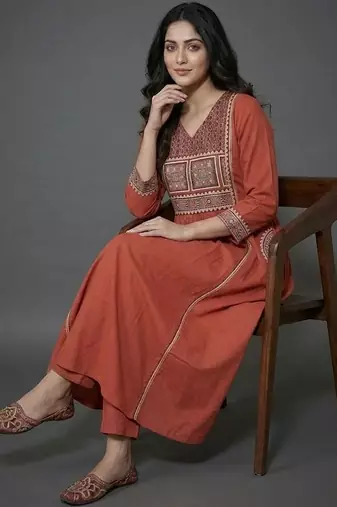 smart women ethnic motifs embroidered panelled thread work kurta with trousers
