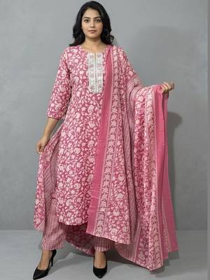 contemporary flare floral printed regular mirror work kurta with trousers & with dupatta 1