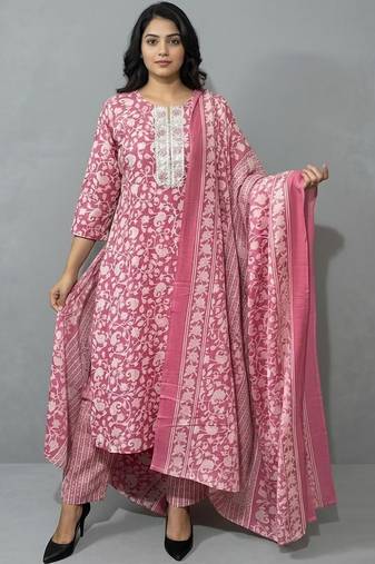 contemporary flare floral printed regular mirror work kurta with trousers & with dupatta