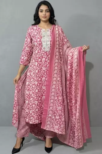 contemporary flare floral printed regular mirror work kurta with trousers & with dupatta