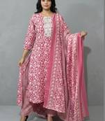 contemporary flare floral printed regular mirror work kurta with trousers & with dupatta
