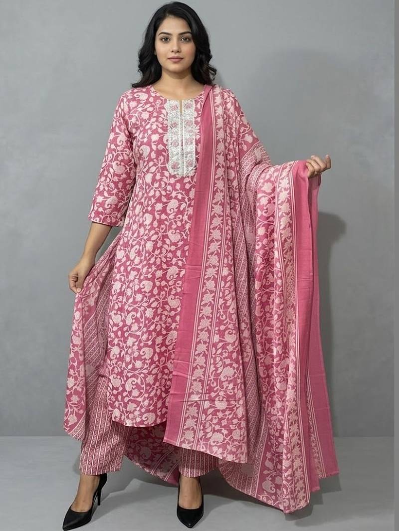 contemporary flare floral printed regular mirror work kurta with trousers & with dupatta