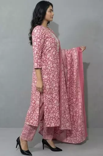 contemporary flare floral printed regular mirror work kurta with trousers & with dupatta