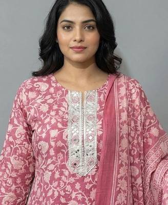 contemporary flare floral printed regular mirror work kurta with trousers & with dupatta 6
