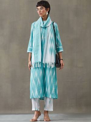 formal women printed regular cotton kurta with trousers & with dupatta 1