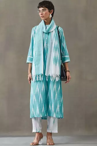 formal women printed regular cotton kurta with trousers & with dupatta