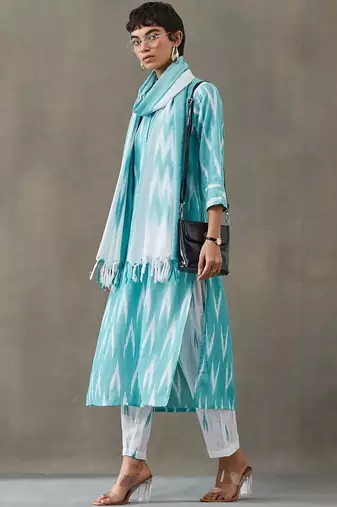 formal women printed regular cotton kurta with trousers & with dupatta