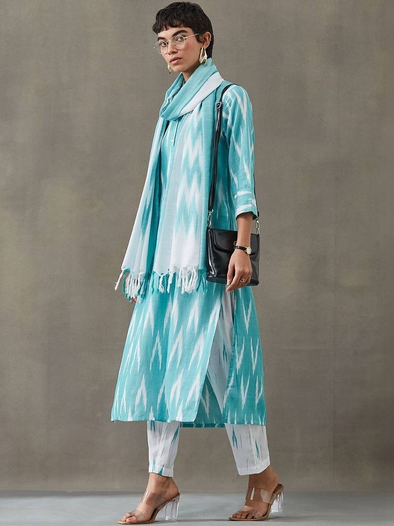 formal women printed regular cotton kurta with trousers & with dupatta