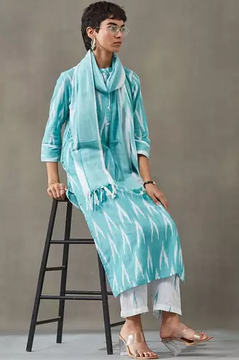 formal women printed regular cotton kurta with trousers & with dupatta