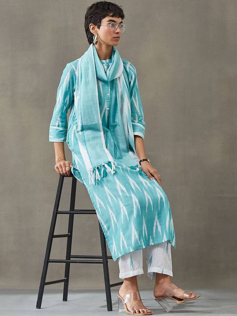 formal women printed regular cotton kurta with trousers & with dupatta