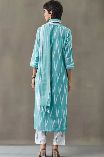 formal women printed regular cotton kurta with trousers & with dupatta