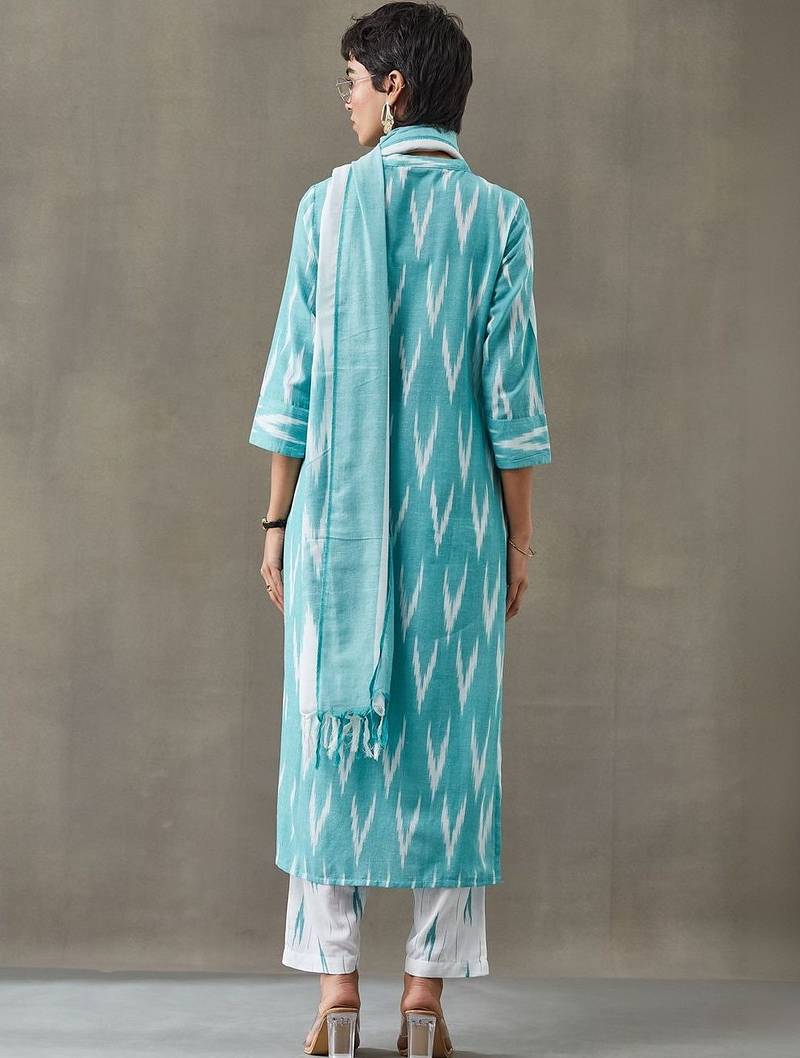formal women printed regular cotton kurta with trousers & with dupatta
