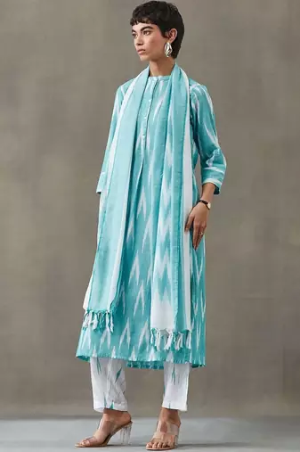 formal women printed regular cotton kurta with trousers & with dupatta